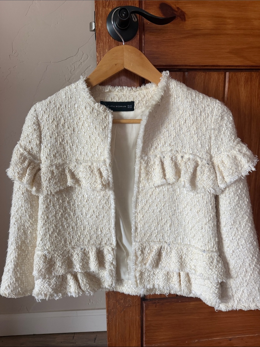 Zara Woman Ivory Textured Tweed Ruffled Cropped Blazer - XS